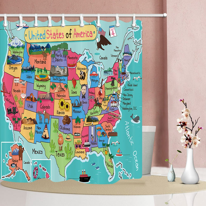 NYMB Kids Map of The United States Bath Curtain, Cartoon Fun Facts Geography USA Map, Polyester Fabric Waterproof Shower Curtain for Bathroom, Shower Curtains Hooks Included, Turquoise Red (69X70in) 69X70in - NewNest Australia