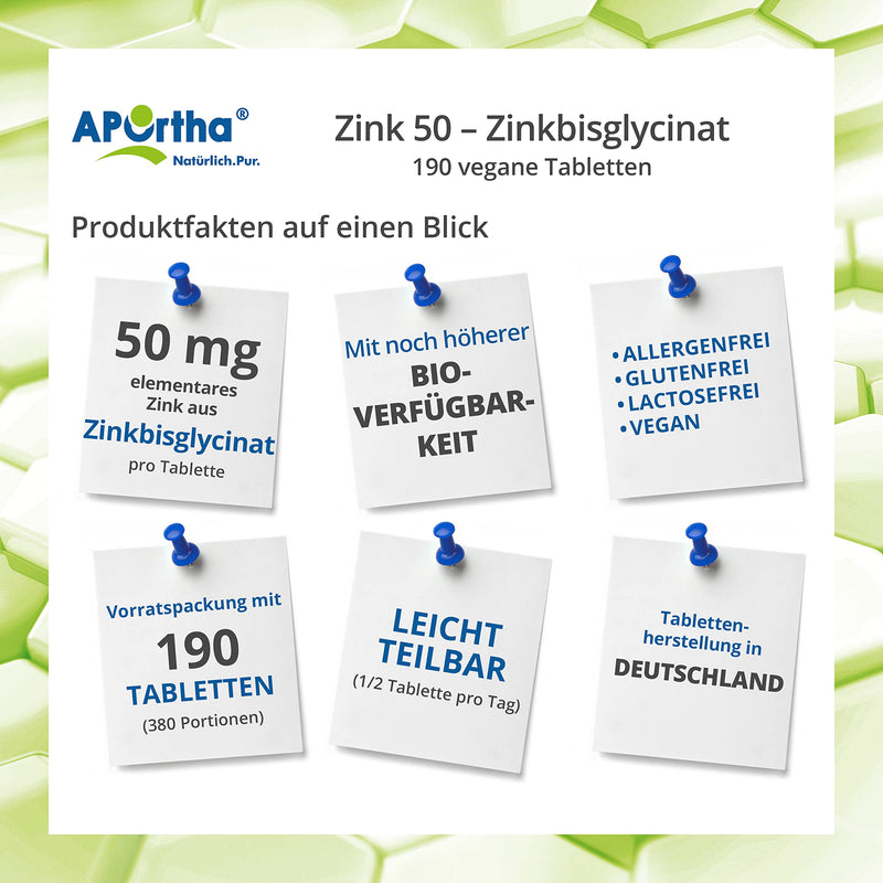 Aportha High-Dose Zinc Tablets (190 Pieces), 50 Mg Zinc Bisglycinate Per Tablet, Annual Supply Of 0.5 Tablets Per Day, Vegan Without Additives, Alternative To Zinc Capsules - NewNest Australia
