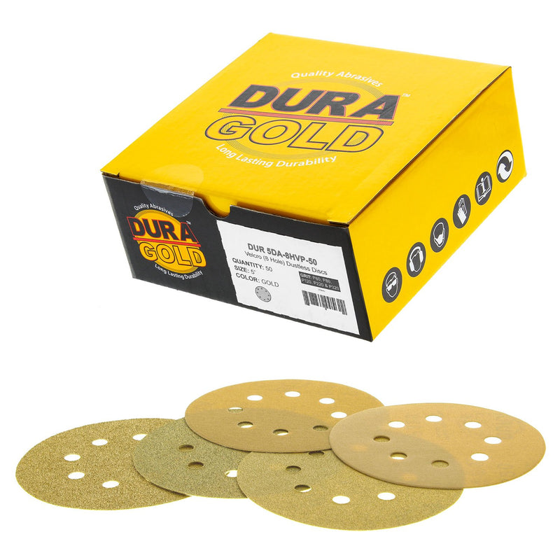 Dura-Gold Premium - Variety Pack - 5" Gold Sanding Discs - 8-Hole Dustless Hook and Loop - 10 each of Grit (60, 80, 120, 220, 320) -Box of 50 Sandpaper Finishing Discs for Woodworking or Automotive Variety Pack - 50 Discs - NewNest Australia