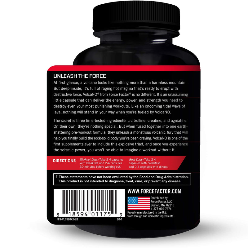 Volcano Pre Workout Nitric Oxide Booster Supplement for Men with Creatine and L-Citrulline to Boost Nitric Oxide and Energy, Build Muscle, Better Pump and Workout, Force Factor, 120 Capsules - NewNest Australia
