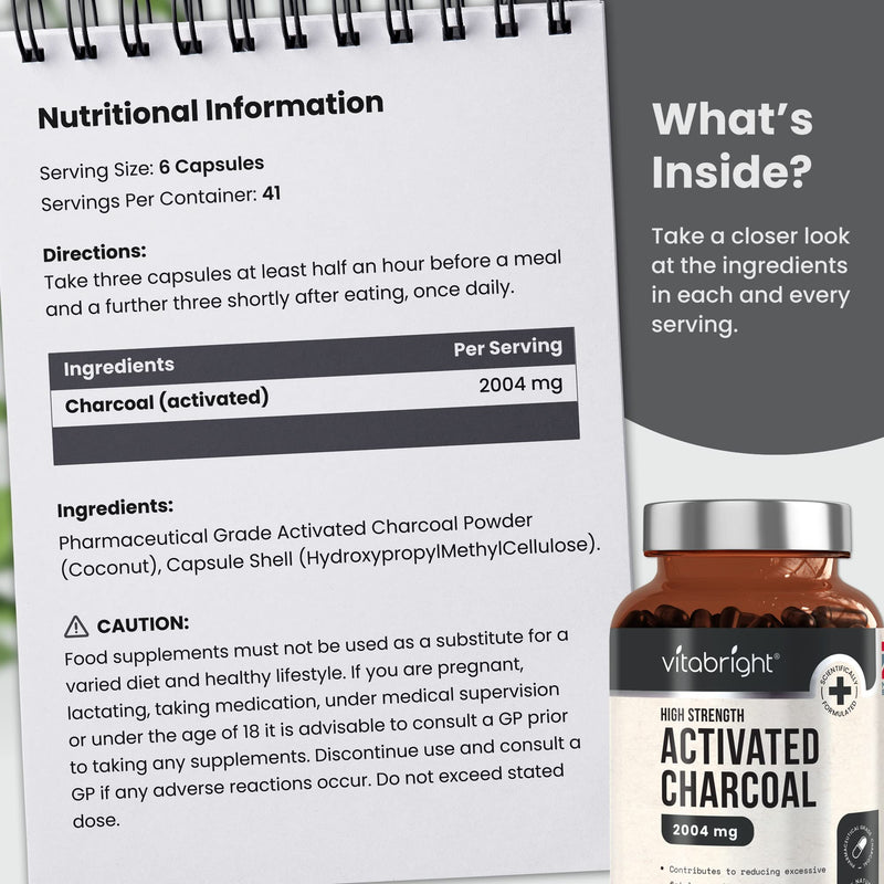 Activated Charcoal Capsules - 250 Capsules - 2004mg per Serving of 6 Capsules - from Natural Coconut Shell - for Indigestion, Bloating, Excessive Flatulence, Gas - Vegan - Made in UK by VitaBright - NewNest Australia