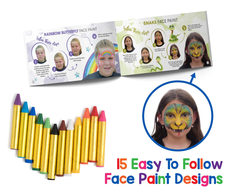 Dress-Up-America Face Paint Crayons - With Artbook & Easy To Follow Facepainting Designs -Safe Non-Toxic Face And Body Paint Made in Taiwan - Halloween Makeup Face Painting Kit for Kids & Adults 12 Count (Pack of 1) - NewNest Australia