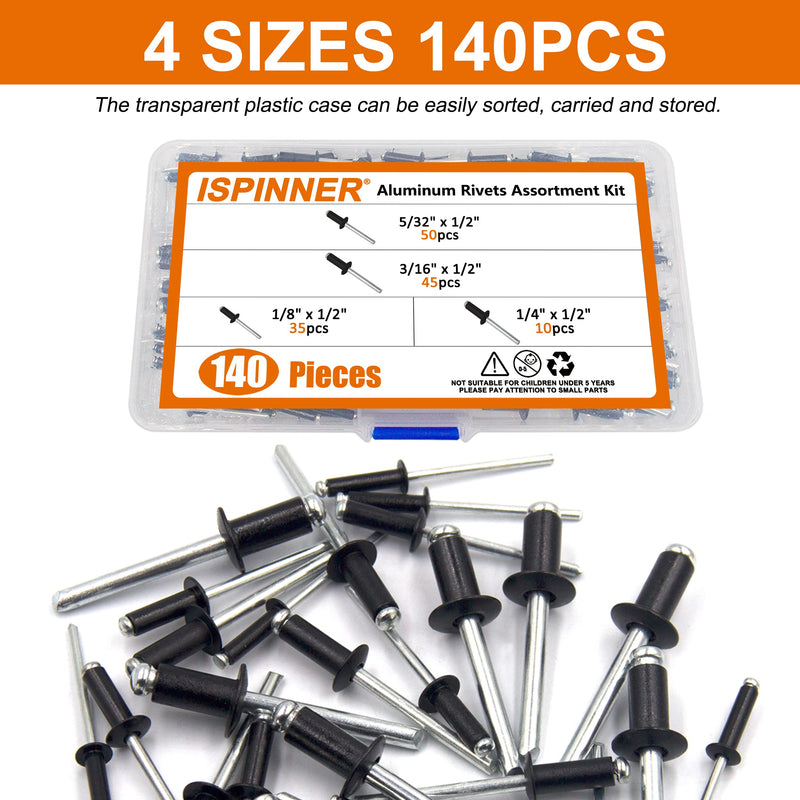 ISPINNER 140pcs 4 Sizes Aluminum Blind Rivets, Pop Rivets Assortment Kit (1/8" 5/32" 3/16" 1/4") x 1/2" (Black) Black - NewNest Australia