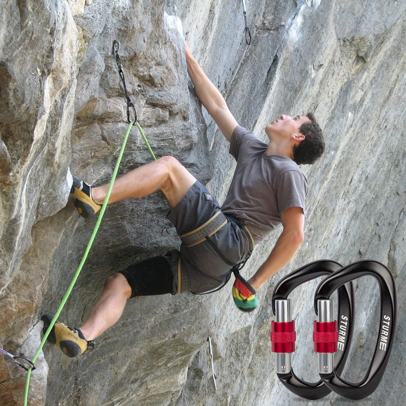 STURME UIAA Certified Climbing Carabiner Clips, 2 Pack 25KN(5623lbs) Screwgate Locking Carabiner Heavy Duty Caribeener Clips, Large Carabiner D Ring for Rock Climbing & Mountaineering Black - NewNest Australia