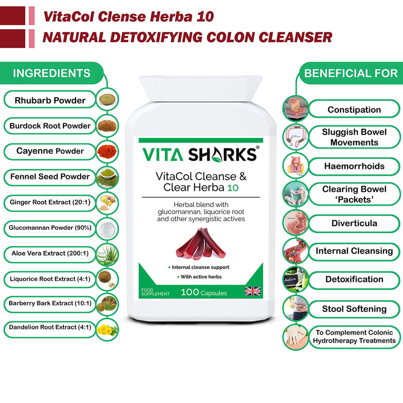 VitaCol Cleanse & Clear Herba 10 | Natural Stool Softening Vegan Colon Detoxifying & Bowel Cleansing Formula. 10 Kosher, Herbal Ingredients for Faecal Regularity & Relieve Constipation - NewNest Australia