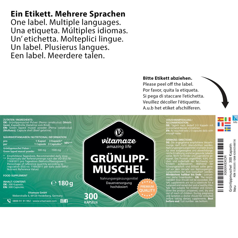 High-dose green-lipped mussel capsules: 1500 mg green-lipped mussel powder from New Zealand per daily dose, 300 capsules continuous supply, natural dietary supplement without additives, made in Germany - NewNest Australia