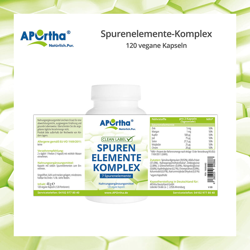 APOrtha® trace element complex - 120 vegan capsules with 6 trace elements for basic care manganese, copper, iodine, selenium, molybdenum and chromium, natural fillers spirulina and alfalfa, allergen-free - NewNest Australia