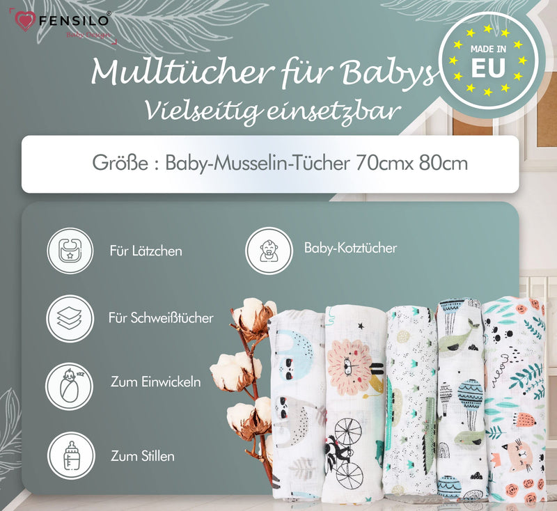 Fensilo Baby Burp Cloths - Muslin Cloths - Cloth Diapers - Pack Of 5 70 X 80 Cm Made In Eu, Tested For Harmful Substances - Burp Cloths Baby Boy Girl Cloth With Cat - Crocodile - White - F5/4 80 X 70 Cm (Pack Of 5) - NewNest Australia