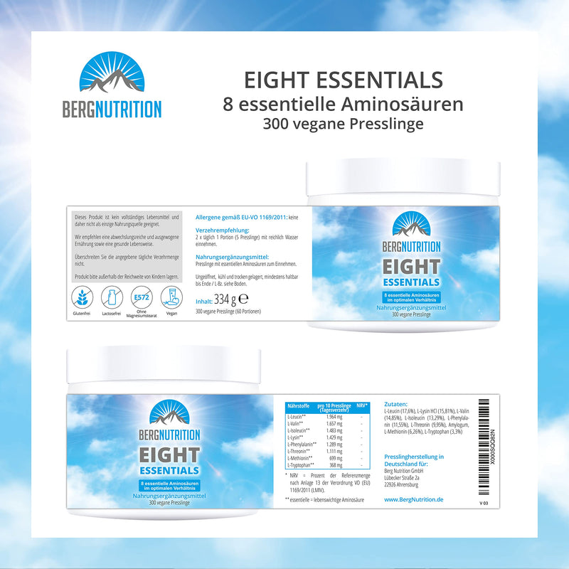 Berg Nutrition Eight Essentials, 300 Vegan Pellets With 8 Essential Amino Acids According To Prof. Dr. Luc√† Moretti For Optimized Protein Supply, Amino Acids Tablets Complex High Dose Eaa - NewNest Australia