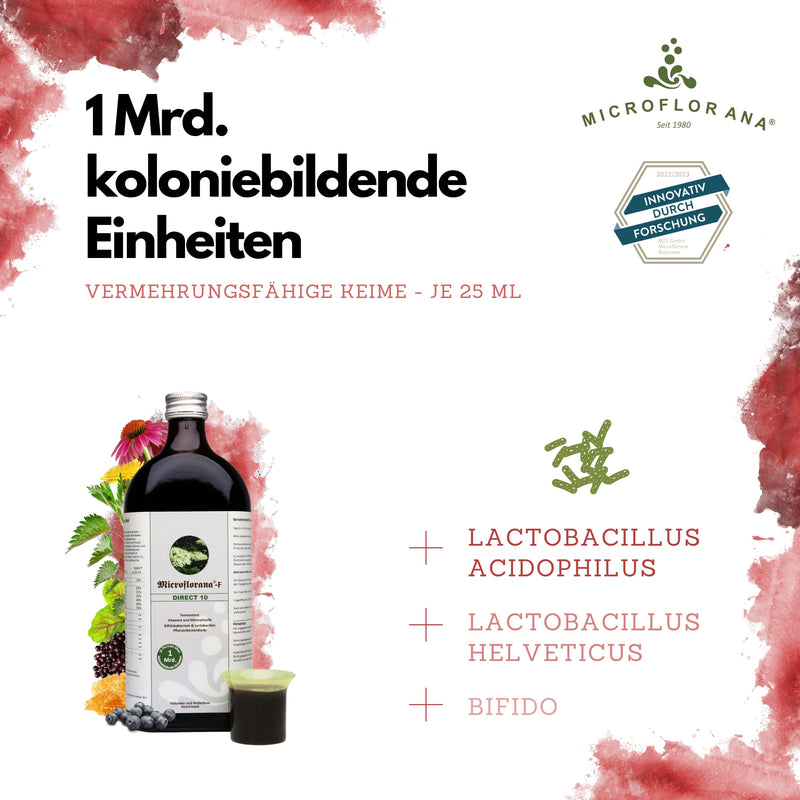 Microflorana -F Direct - Liquid Probiotics - 3 Billion Vibrant Colony Forming Units - Incl. Dosing Aid - Vitamins - Ready-To-Drink And Gentle Version - Intestinal Restoration - Since 1980-500 Ml - NewNest Australia