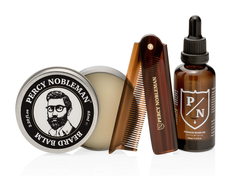 Percy Nobleman Premium Beard Grooming Kit, a limited edition beard grooming kit, includes a premium beard oil, beard balm and foldable comb. - NewNest Australia