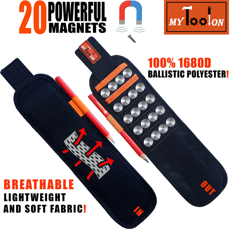 MyToolOn Magnetic Wristband with 20 Strong Magnets for Holding Screws, Nails, Drill Bits Best Unique Tool Gift for Men, Father Dad, DIY Handyman, Husband, Boyfriend, Him, Women 2 pack orange+black - NewNest Australia
