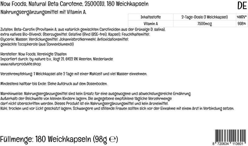 Now Foods, Natural Beta Carotene (natural beta carotene), 7,500mcg (25,000IU), 180 softgels, provitamin A, laboratory tested, soy-free, gluten-free, non-GMO - NewNest Australia