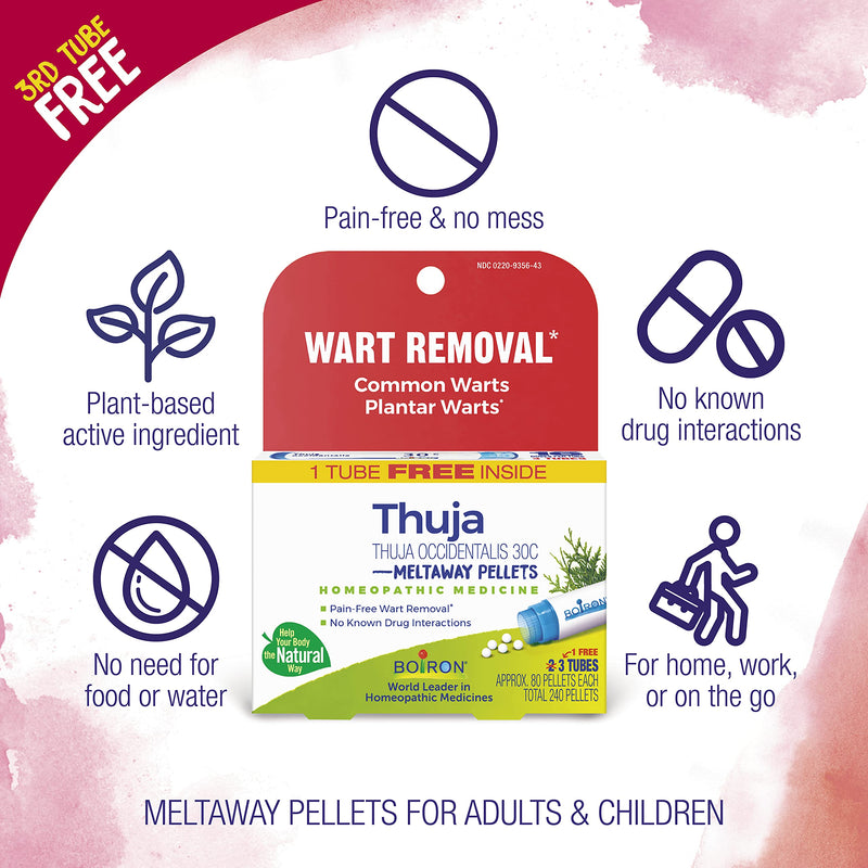 Boiron Thuja Occidentalis 30C Wart Removal Medicine, 3 Count (80 Pellets each tube). Homeopathic, Quick-dissolving Pellets for Painless Wart Removal with Natural Active Ingredient - NewNest Australia