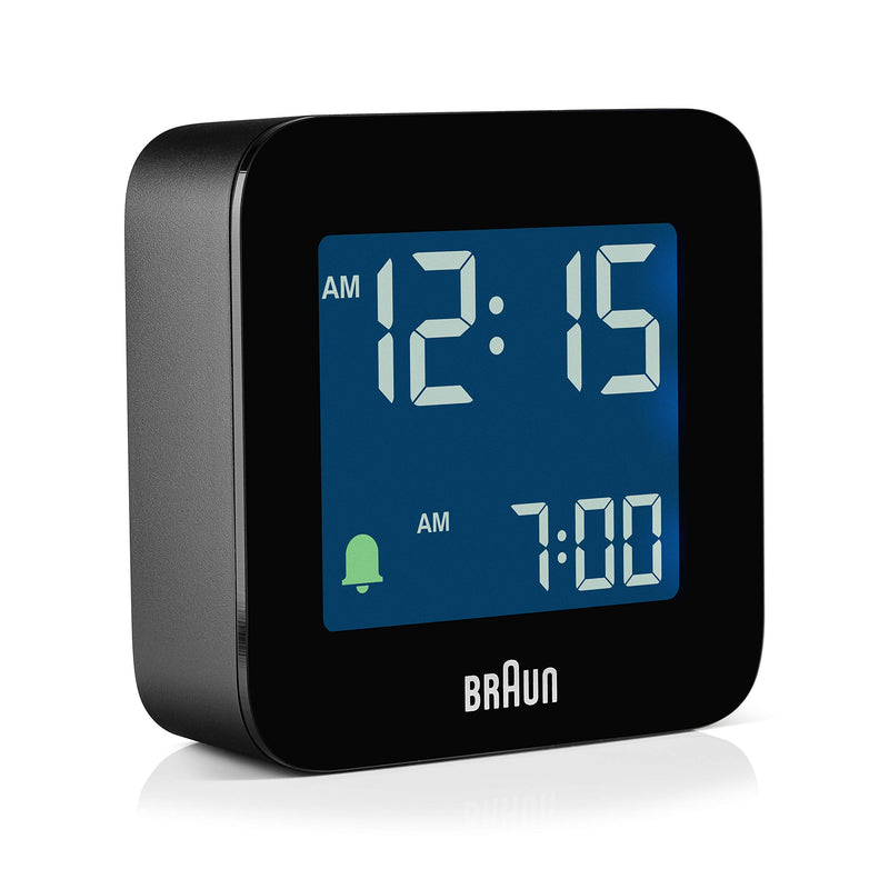NewNest Australia - Braun Digital Travel Alarm Clock with Snooze, Compact Size, Negative LCD Display, Quick Set, Crescendo Beep Alarm in Black, Model BC08B. 