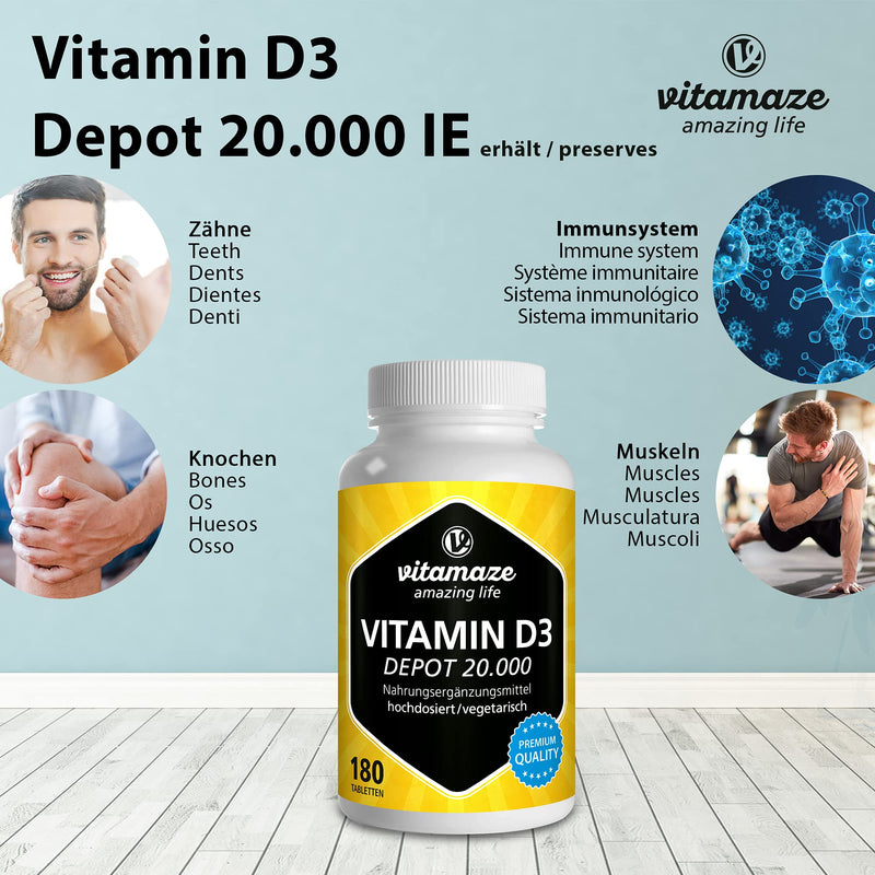 High-dose vitamin D3 20,000 IU per tablet (20-day dose), 180 vegetarian tablets (divisible), natural dietary supplement without additives, Made in Germany - NewNest Australia