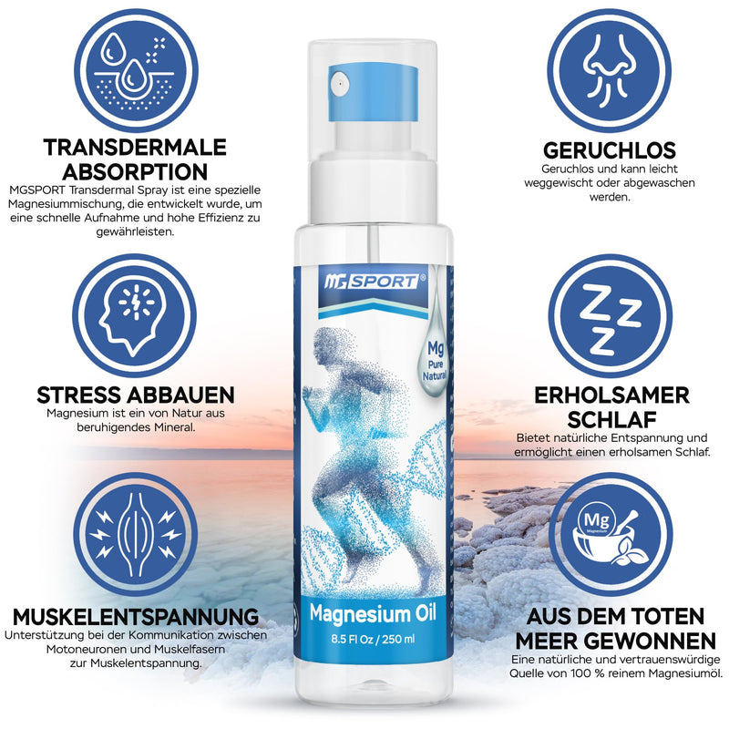 MgSport Highly efficient pure 250 ml magnesium oil spray, 100% natural magnesium chloride without preservatives from the Dead Sea, helps with sleeping, muscle tension and leg cramps - NewNest Australia