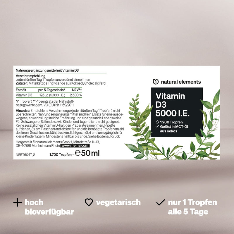 Vitamin D3 - Laboratory tested 5000 IU per drop - 50ml (1700 drops) - In MCT oil from coconut - High dosage, liquid - NewNest Australia