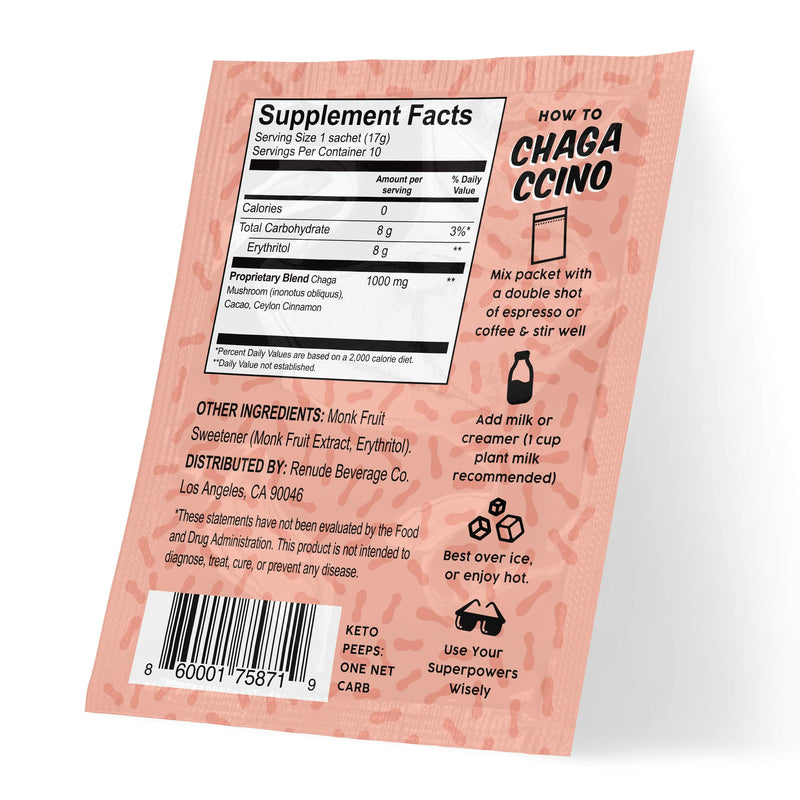 Chagaccino by Renude, Mushroom & Adaptogen Coffee Boost Powder with Wild Foraged Chaga, Cacao, Ceylon Cinnamon & Monk Fruit, Immune Support, Beauty & Brains, Vegan & Keto, 0 Calories, 10 Count of 17g - NewNest Australia
