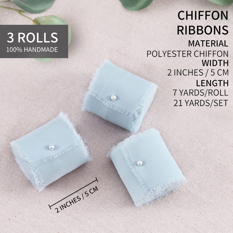 DORIS HOME 3 Rolls 2" x 7Yd Handmade Fringe Chiffon Silk Ribbon Baby Blue, Frayed Edges Ribbon for Wedding Invitations, Bridal Bouquets, Gifts Wrapping, DIY Crafts 3 Rolls Baby Blue - NewNest Australia