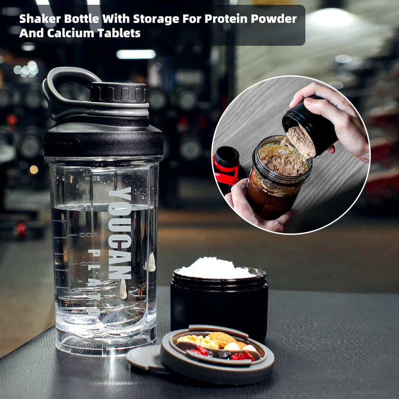 YOUCAN PLATO Shaker Protein Shaker, Protein, Protein Shaker with Powder Compartment and Ball, Shake Cup, Fitness, Shake Cup, Bottle Dishwasher Safe, BPA Free, with Tritan, 620ML Black Black 1 - NewNest Australia
