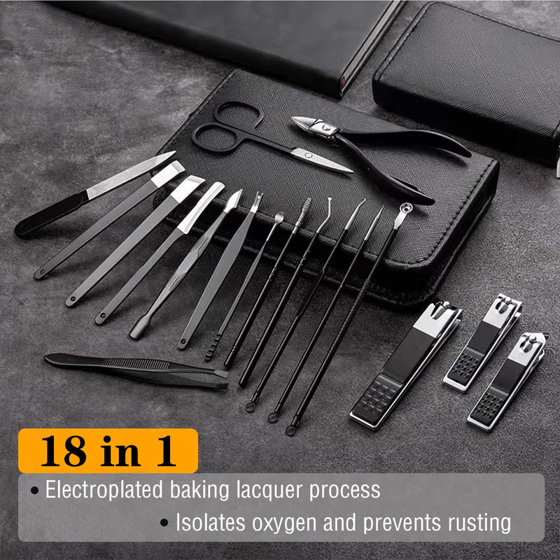 Manicure Pedicure Set -18pcs | Stainless Steel Professional Manicure Pedicure Kit Nail Clipper Set For Men Women | Nail Cutter Set Scissors Grooming Kit With Pu Leather Zip Case For Travel(Black) Silver Black-18Pcs - NewNest Australia