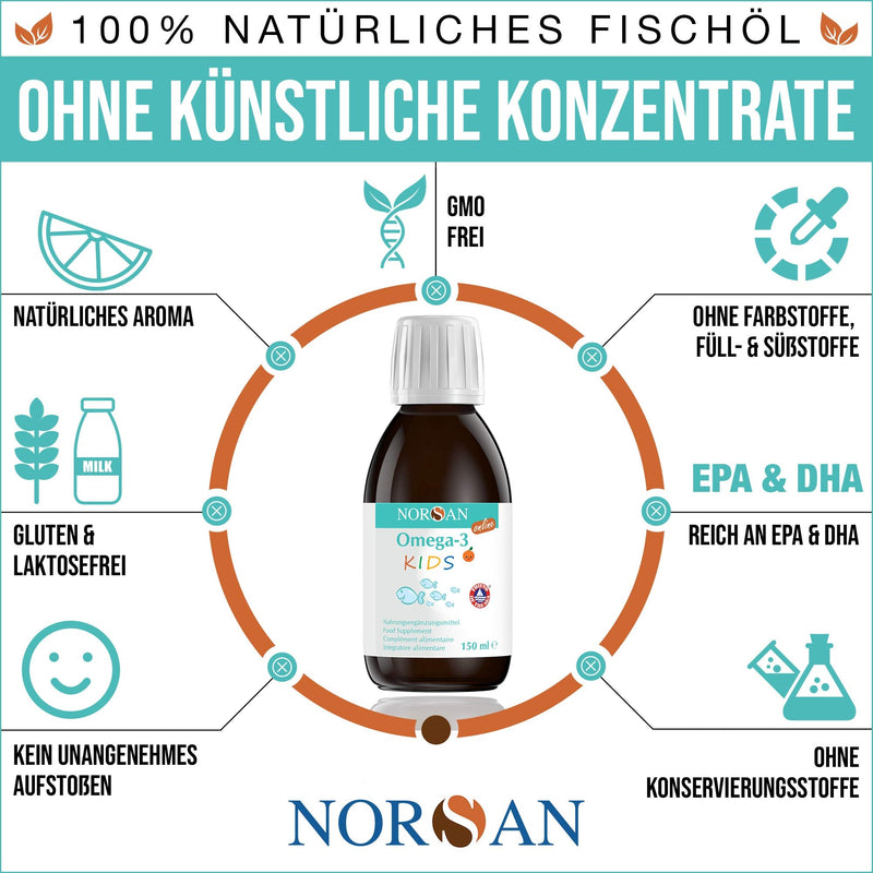NORSAN Omega 3 KIDS fish oil high dosage 150 ml/Omega 3, 1,120 mg per serving/Omega 3 with EPA & DHA/daily dose 1 tsp premium oil/Easy Fish Oil for children 150 ml (pack of 1) - NewNest Australia