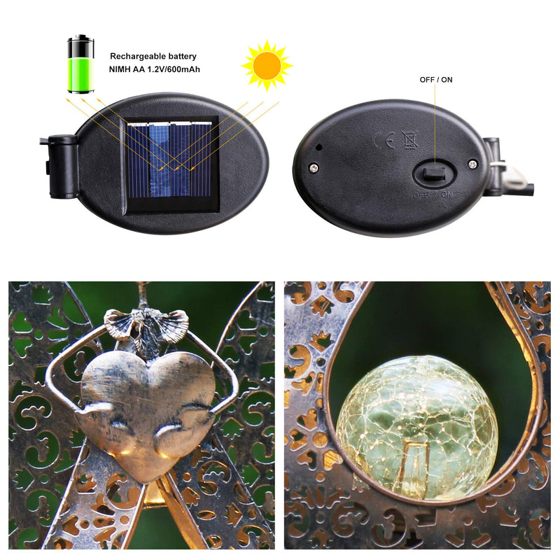 GOODME Angel Solar Garden Lights Waterproof Metal Solar Warm White LED Stake Light Memorial Gift - Fairy Decorative Metal Stakes Lights Crackle Glass Light for Lawn, Yard Art, Pathway, Patio Decor - NewNest Australia