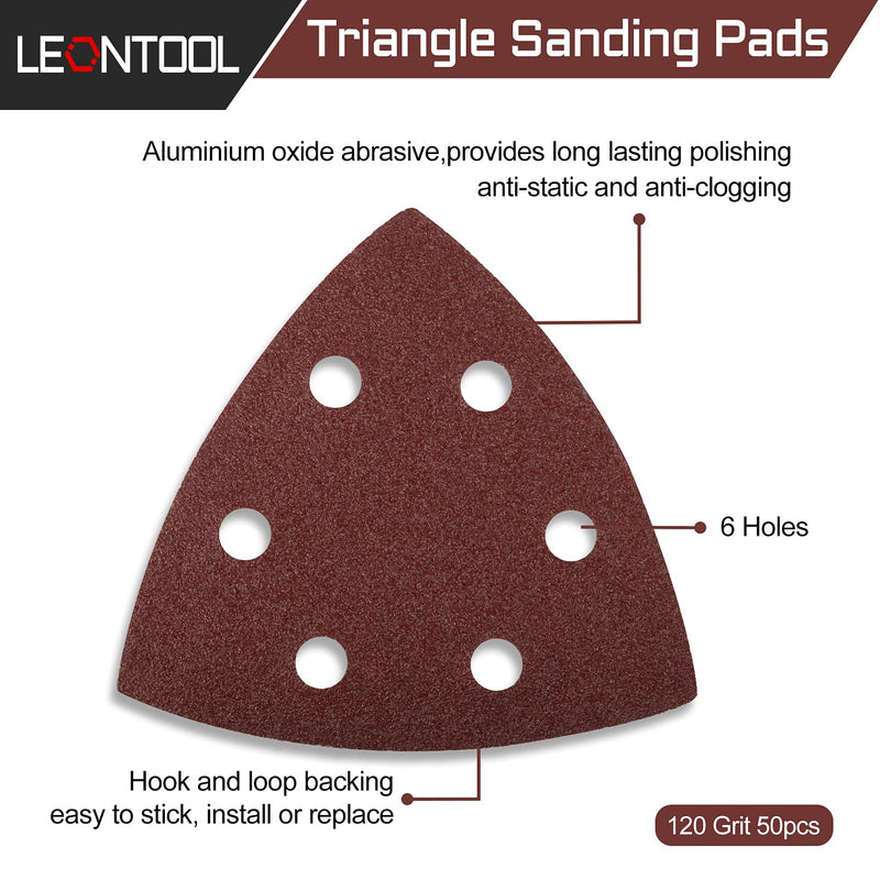LEONTOOL 50 Pcs Triangle Sanding Pads 3.5-Inch, Hook and Loop Sanding Disc 6 Holes, Detail Sandpaper 120 Grit, Sanding Sheets Sanding Paper for Wood Metal Polishing - NewNest Australia