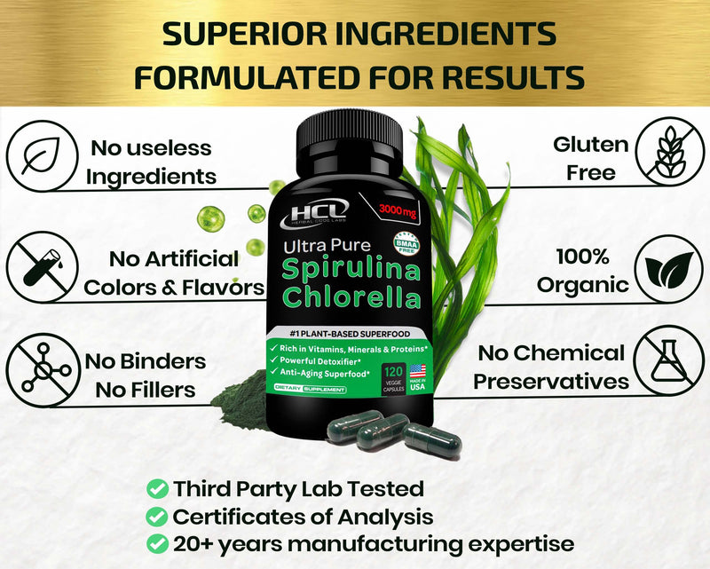 Chlorella Spirulina Powder Capsules Organic - 3000 mg of BMAA Free Purest Blue Green Algae - Best Raw Vegan Protein Green Superfood Broken Cell Wall – Made in USA - NewNest Australia