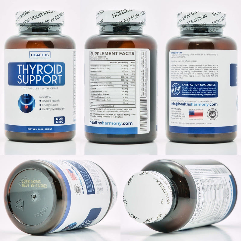 Thyroid Support with Iodine - 120 Capsules (Non-GMO) Improve Your Energy & Increase Metabolism - Ashwagandha Root, Zinc, Selenium, Vitamin B12 Complex - Thyroid Health Supplement - 60 Day Supply - NewNest Australia