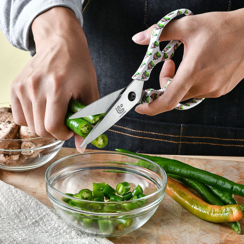 Linoroso Heavy Duty Kitchen Scissor Ultra Sharp Utility Scissors with Cover, Cooking Cutting Stainless Steel Food Shears for Meat Poultry Fish Chicken Pizza Vegetables Herbs BBQ Nuts - Chili Graphic White/Chili - NewNest Australia
