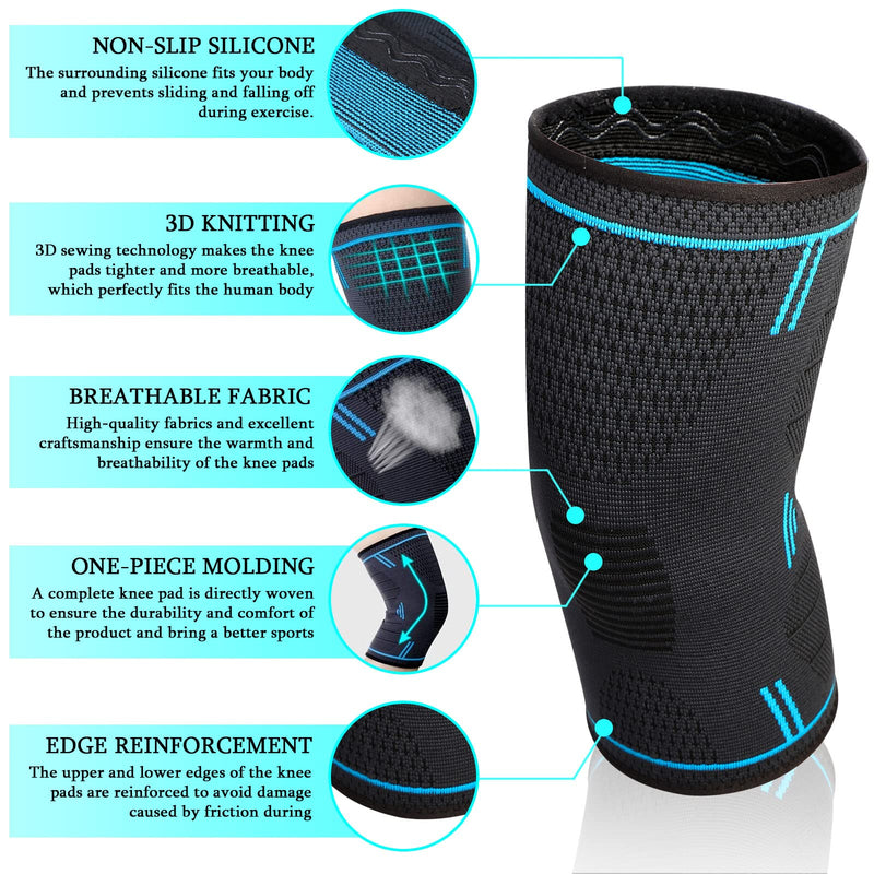 Milaiun Knee Brace Set Of 2, Knee Support Men And Women, Knee Wraps With Non-Slip Silicone Strips & Breathable For Arthritis, Meniscus, Volleyball, Sports, Acl (L, Blue) - NewNest Australia