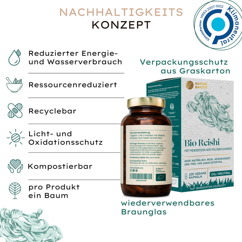 Nature Basics Organic Reishi Capsules With 40% Bioactive Polysaccharides, 120 Capsules Certified & Sustainable In Glass, 500 Mg Per Capsule, Laboratory-Tested, Vegan, From Germany, No Additives & Co2 - NewNest Australia
