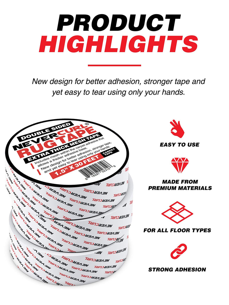 NeverCurl Double Sided Extra Thick Rug Tape with Mesh Fabric - 1.5" by 30 Feet Roll - Anti Slip Non Skid Gripper Tape for Rugs, Mats, Pads, Runners - Indoors Work Any Floor - Hardwood Tiles Laminates - NewNest Australia
