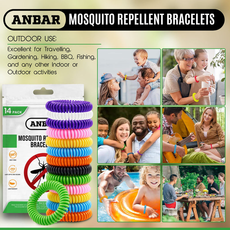 Anbar Mosquito Repellent Bracelets Bands for Adults and Kids, 14 Pack, All-Natural Deet-Free, Non-Toxic Protection, Stretchy Waterproof Anti-Mosquito Wristbands for Hiking and Camping - NewNest Australia