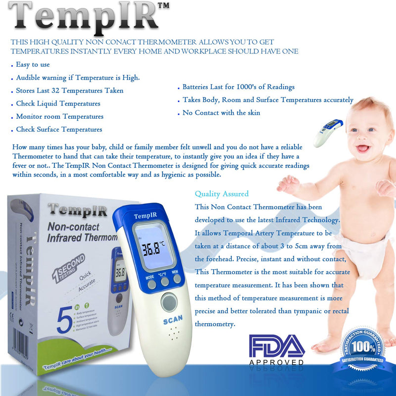 TempIR Non Contact Thermometer Body Temperature Infrared for Baby Adult Child, CE Approved, Forehead, Memory Function, Fever Alarm - TempIR are Approved Suppliers to The NHS - NewNest Australia