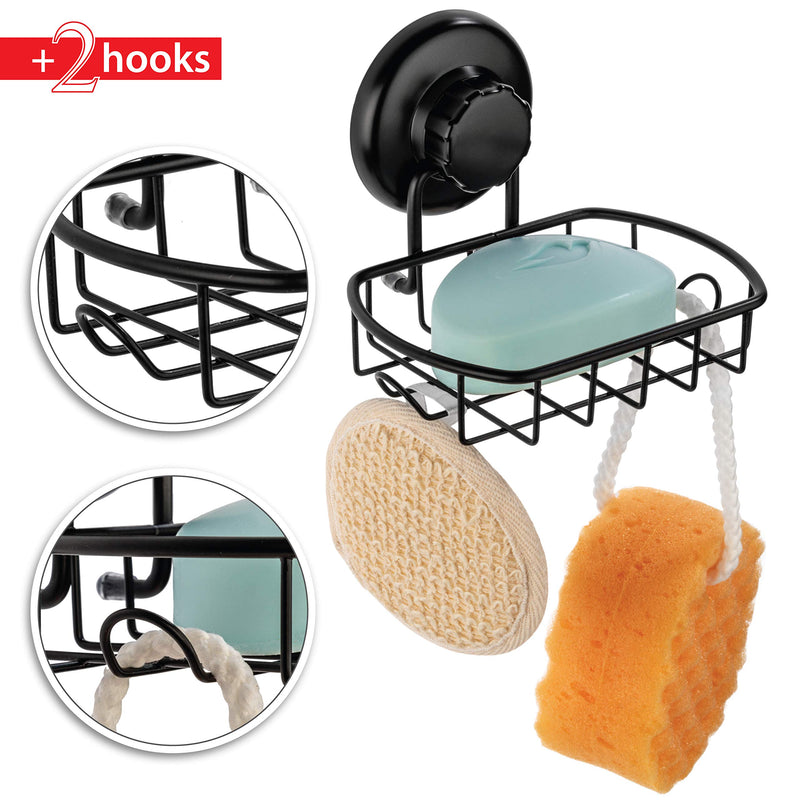 HASKO accessories Suction Soap Dish with Hooks - Super Powerful Vacuum Suction Cup Shower Soap Holder - Rustproof Stainless Steel SS304 Soap Basket - Sponge Holder for Bathroom & Kitchen (Black) - NewNest Australia