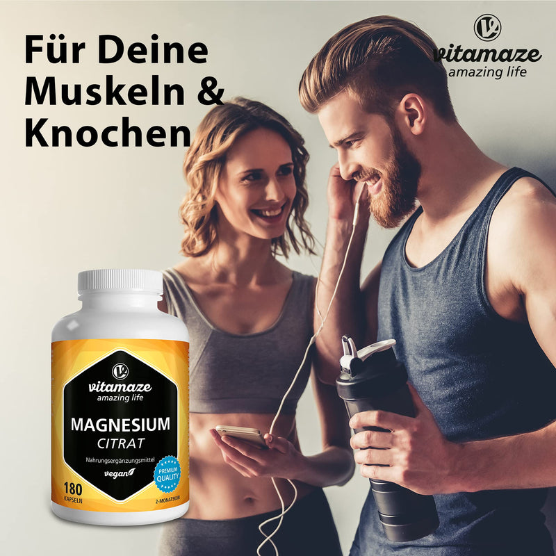 Magnesium citrate capsules, high-dose & vegan, 2250 mg of which 360 mg of elemental magnesium per daily dose, 180 capsules for 2 months, natural supplement without additives, Made in Germany - NewNest Australia