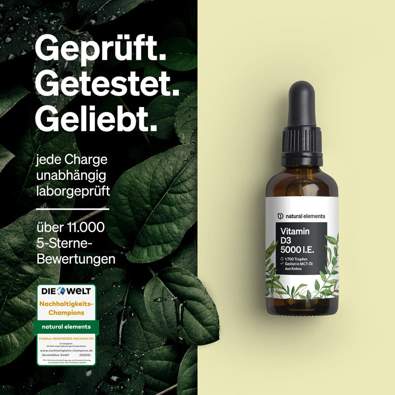 Vitamin D3 - Laboratory tested 5000 IU per drop - 50ml (1700 drops) - In MCT oil from coconut - High dosage, liquid - NewNest Australia