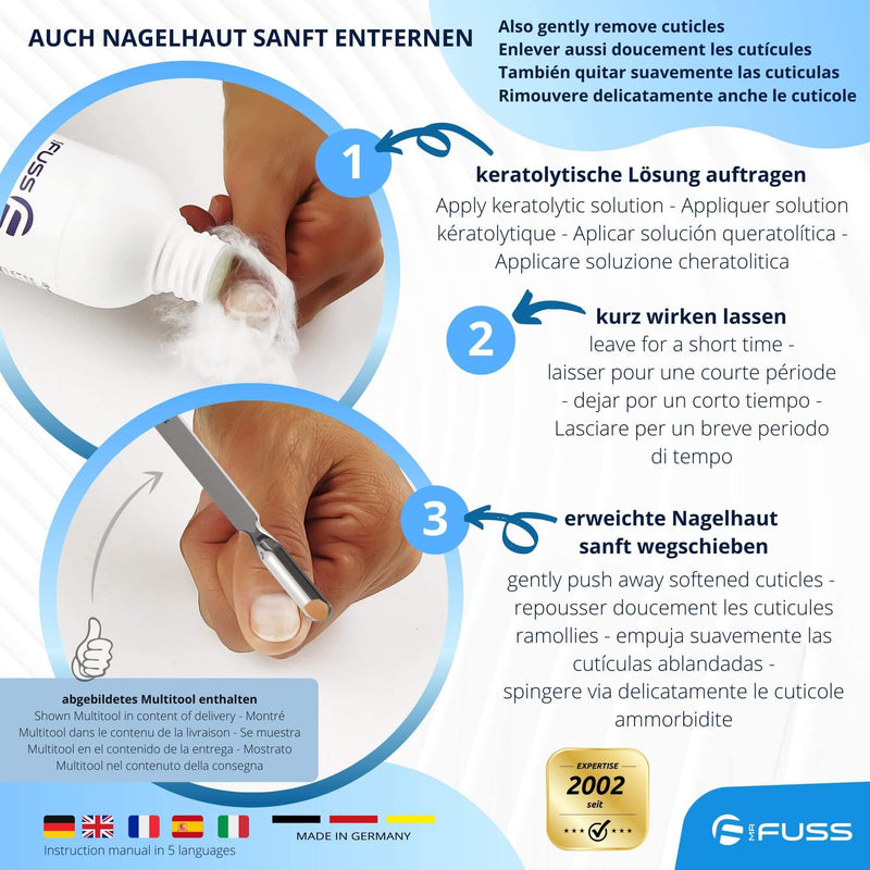 Mr. Fuss® No. 1 - Plus Pack Multi - Small, cuticle callus remover economy package 3 pieces. Active solution, quick & strong emollient - 200 ml, cotton wool, multitool - NewNest Australia