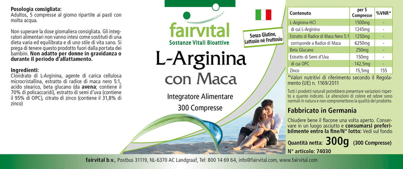 Fairvital L-Arginine + Maca Plus - High Dose - with Beta-Glucan, OPC and Zinc - 300 Tablets - NewNest Australia