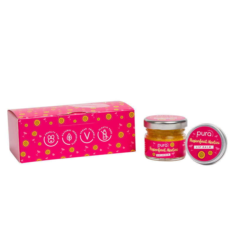 Pura Cosmetics Passionfruit Martini Lip Scrub and Balm Gift Set - Vegan, Natural Ingredients, Cruelty-Free, Plastic-Free Packaging & Handmade in the UK - NewNest Australia