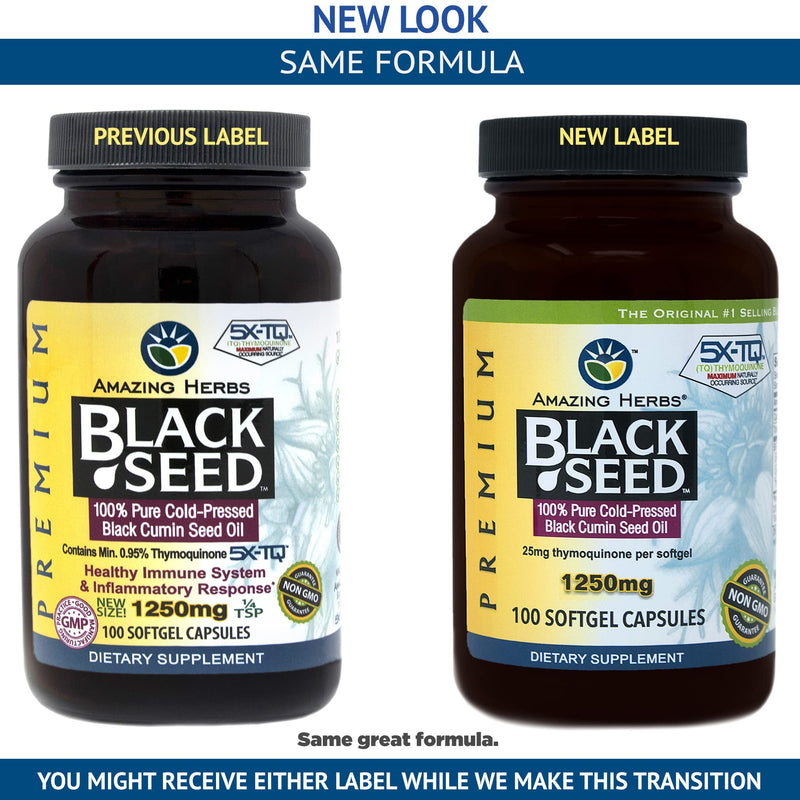 Amazing Herbs Black Seed Oil Pills 1250mg, 100 Softgel Capsules - Cold-Pressed | Non GMO - (Packaging May Vary - New Label Coming Soon) - NewNest Australia
