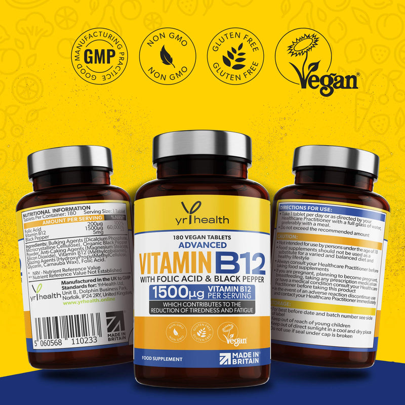 Vegan Vitamin B12 Tablets 1500mcg Methylcobalamin High Strength with Added Folic Acid & Black Pepper - 180 Tablets (6 Month Supply) - Reduction of Tiredness & Fatigue - Made in The UK by YrHealth - NewNest Australia