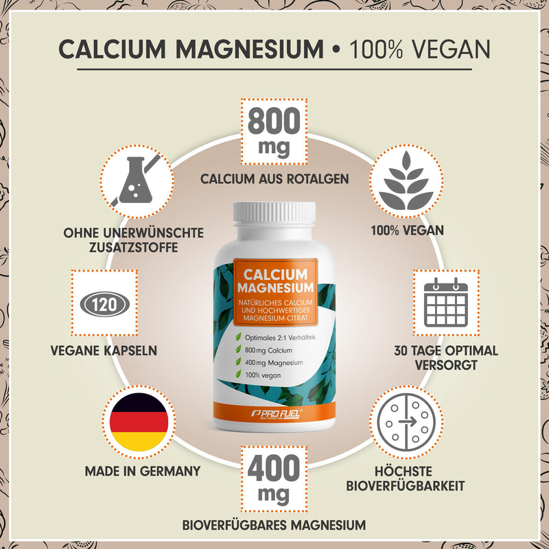 Calcium & Magnesium 2x120 capsules, vegan & high dose with 800mg calcium + 400mg magnesium per day - high bioavailability thanks to natural calcium from red algae and magnesium citrate - Made in Germany 2x 120 capsules - NewNest Australia