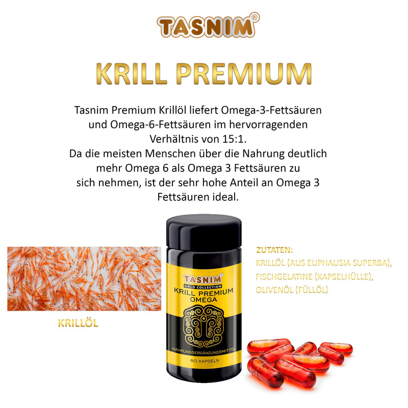 Tasnim Krill Premium Omega capsules 60 pieces 1000.0 mg krill oil in pharmacy quality with eicosapentaenoic acid dacosahexaenoic acid directly from the manufacturer Tasnim - NewNest Australia