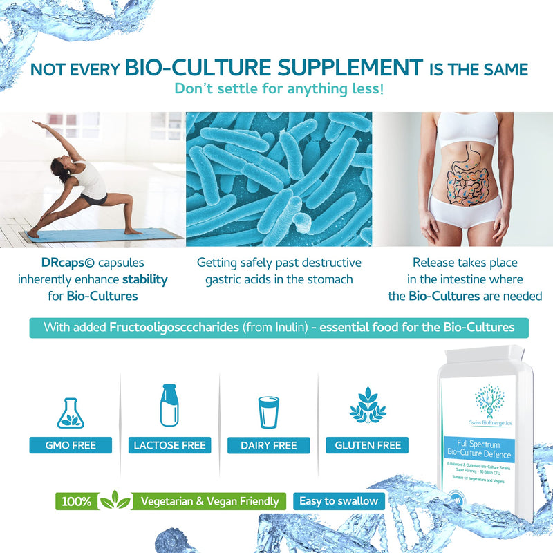 Full Spectrum Bio-Culture Defence - 120 Capsules - High Strength 10 Billion Live CFU Multi-Strain Bio-Cultures + FOS Formula - Latest DRCaps© Encapsulation to Protect from gastric acids - NewNest Australia