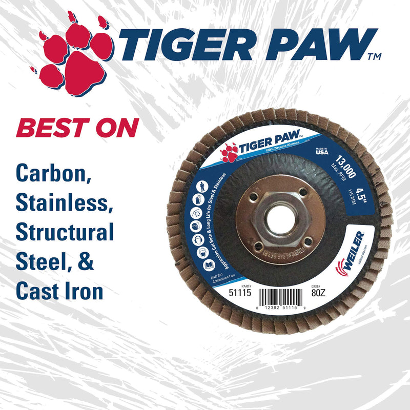 Weiler 51104 4" Tiger Paw Abrasive Flap Disc, Conical (Ty29), Phenolic Backing, 40Z, 5/8" Arbor Hole, Made in the USA 40 Grit - NewNest Australia