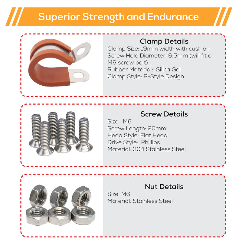 Phoenix Top-Notch Tools 25 Pack 1/4" (6mm) 304 Stainless Steel Red Silica Gel Rubber Insulated Cushion Cable Clamps, Fuel Line Clamp and Pipe Clamp - NewNest Australia